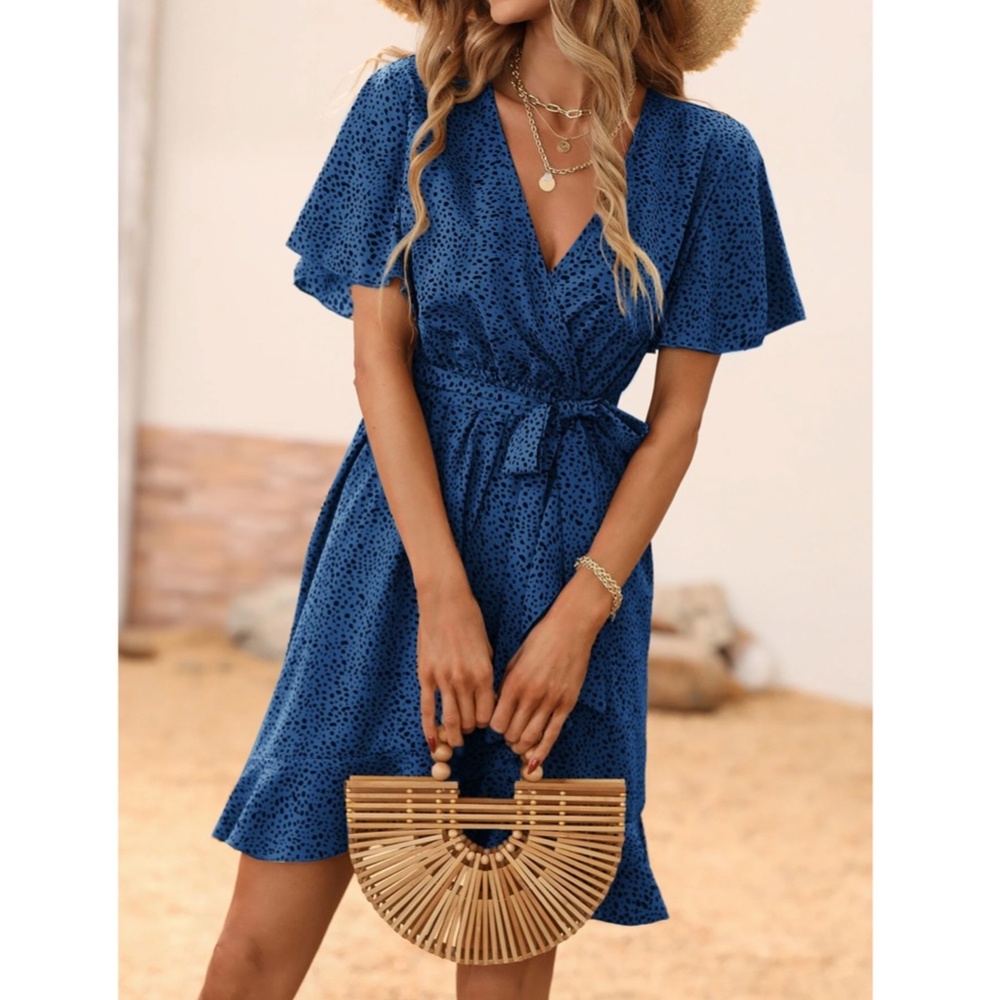 Blue with Black Spotted Print Wrap Mini Dress Short Sleeves Belted - Picture 4 of 6